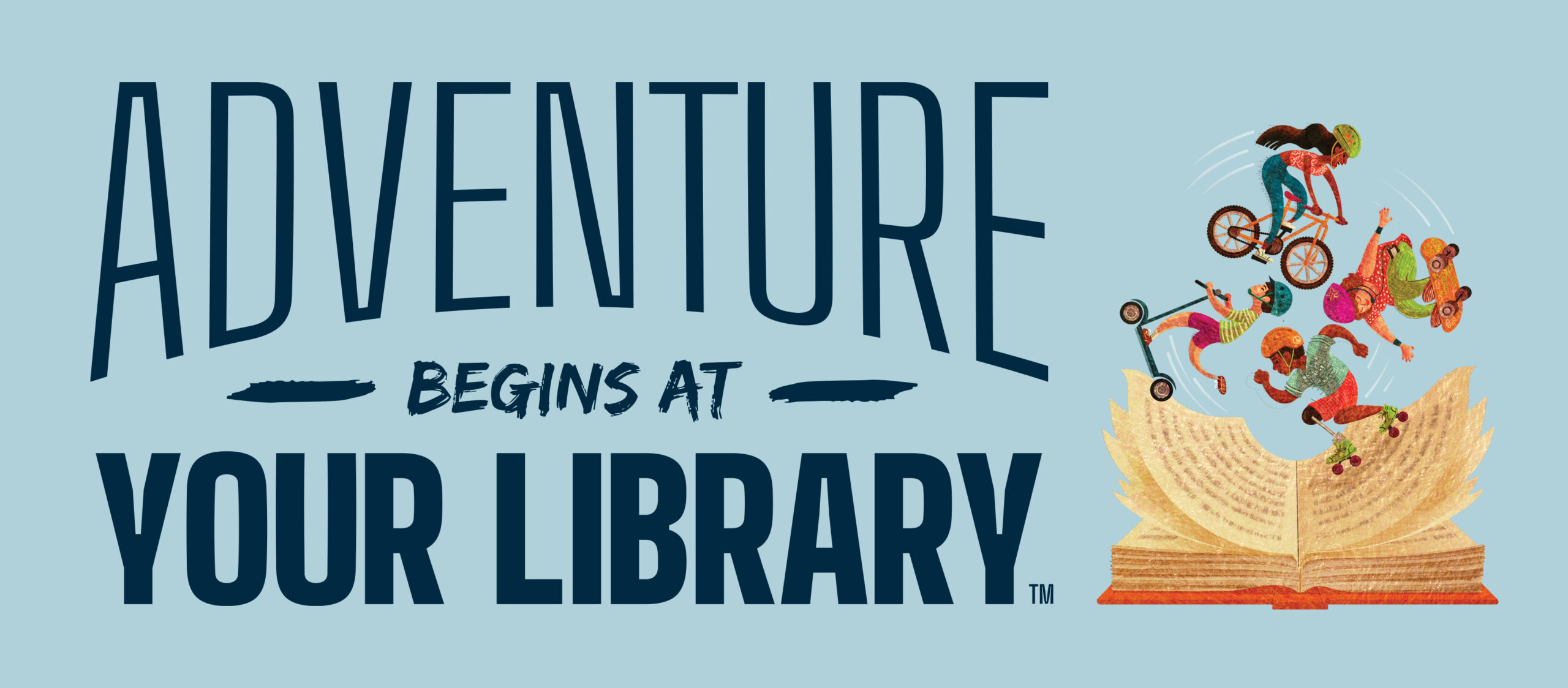 Adventure Begins at your Library with kids on bikes on a book