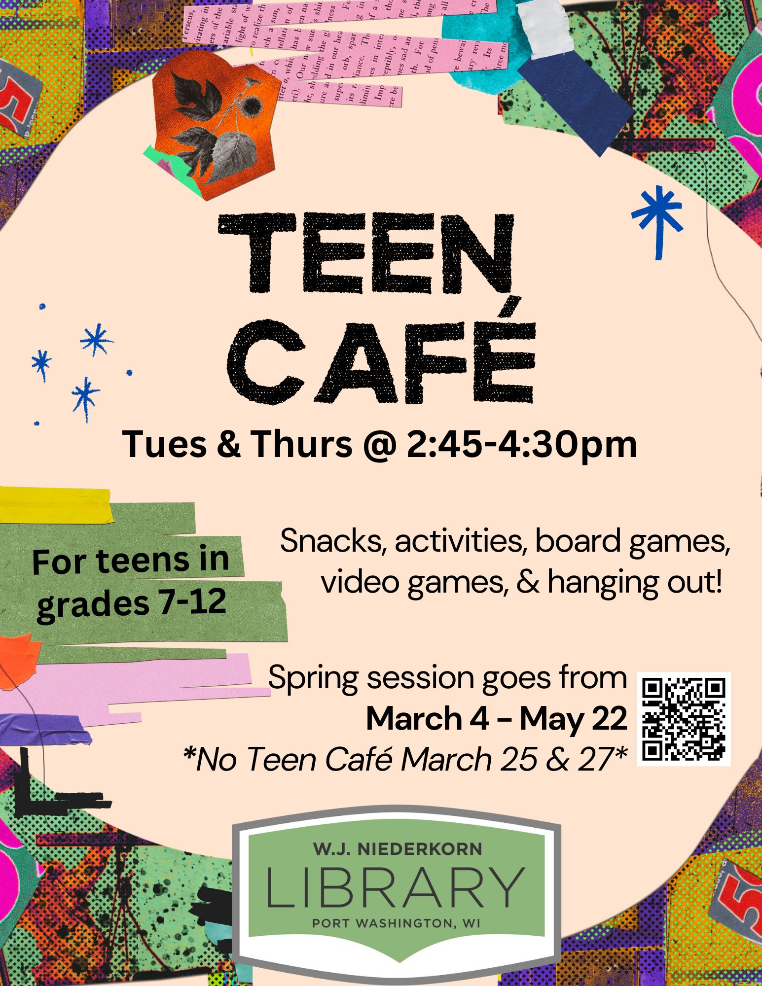 Teen Cafe flyer for spring 2025